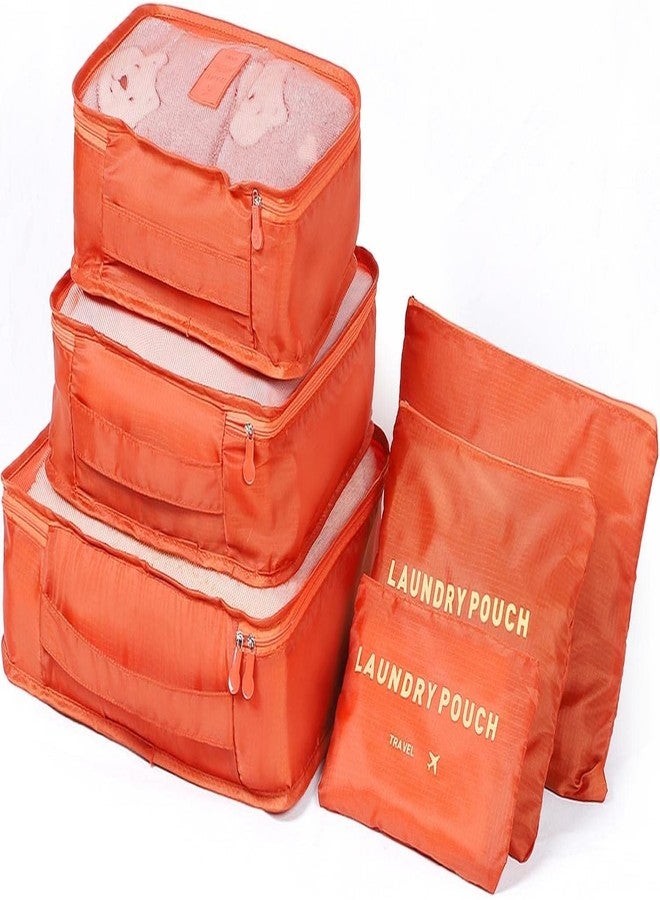 Keetly Travel Storage Cubes || Printed Clothes Packing Cubes || Space Savers Bags || Cosmetics Underwear Socks Shoes || Polyester Organizer Pouch pack of 6 (Orange) - Image 1
